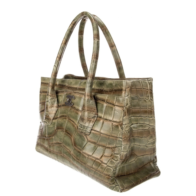 Chanel green alligator Cerf Tote from the 2006–2008 Karl Lagerfeld collection with antiqued silver-tone CC hardware, rolled handles and structured silhouette.