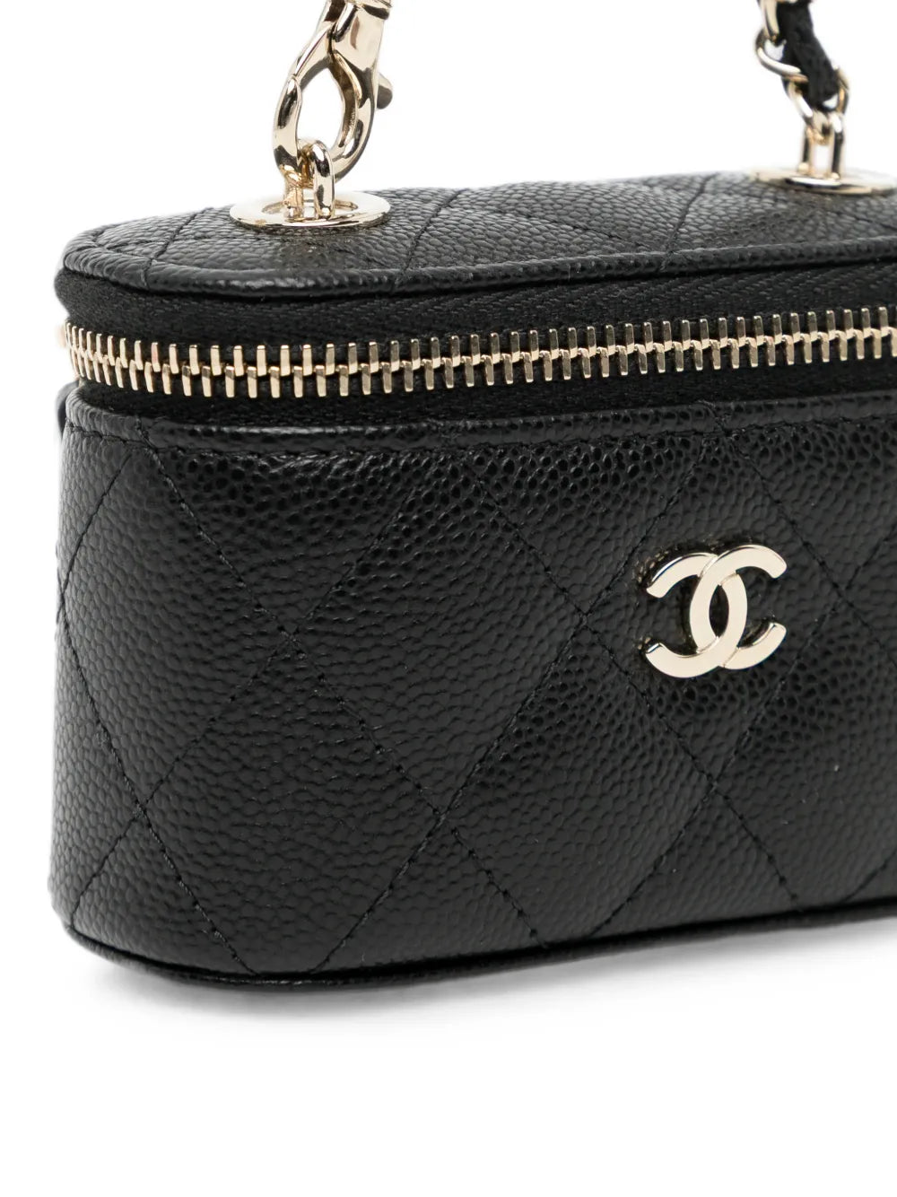 Chanel quilted caviar mini vanity bag charm with gold-tone hardware, small accessory for handbags or keys.