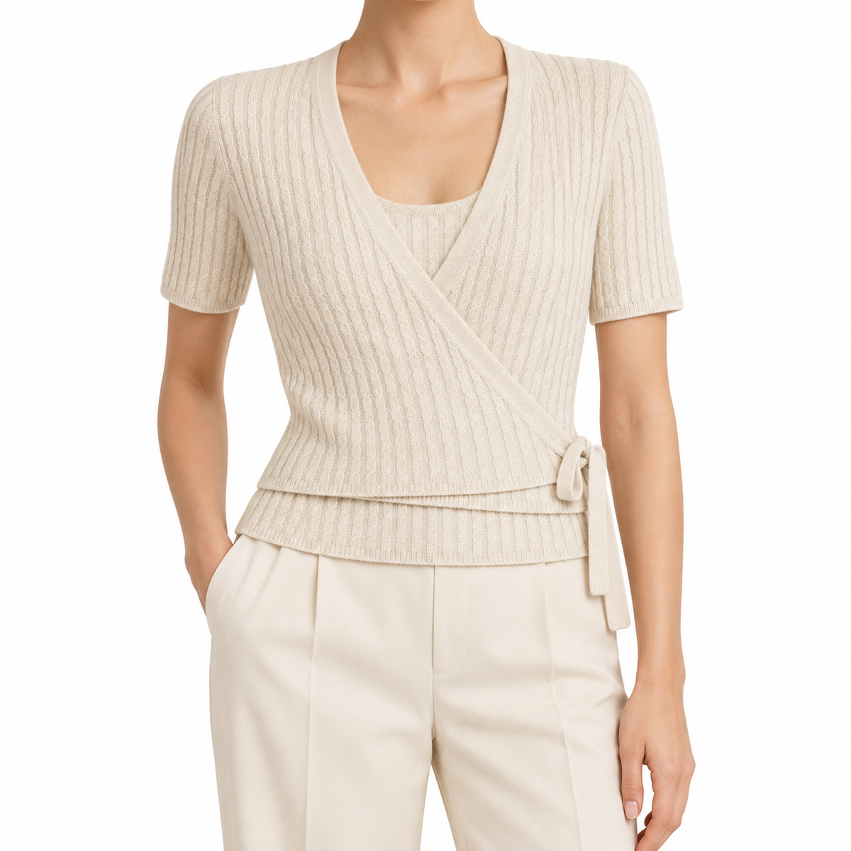 Chanel beige cashmere tops set featuring soft, luxurious knit fabric and classic design, perfect for elegant casual wear.