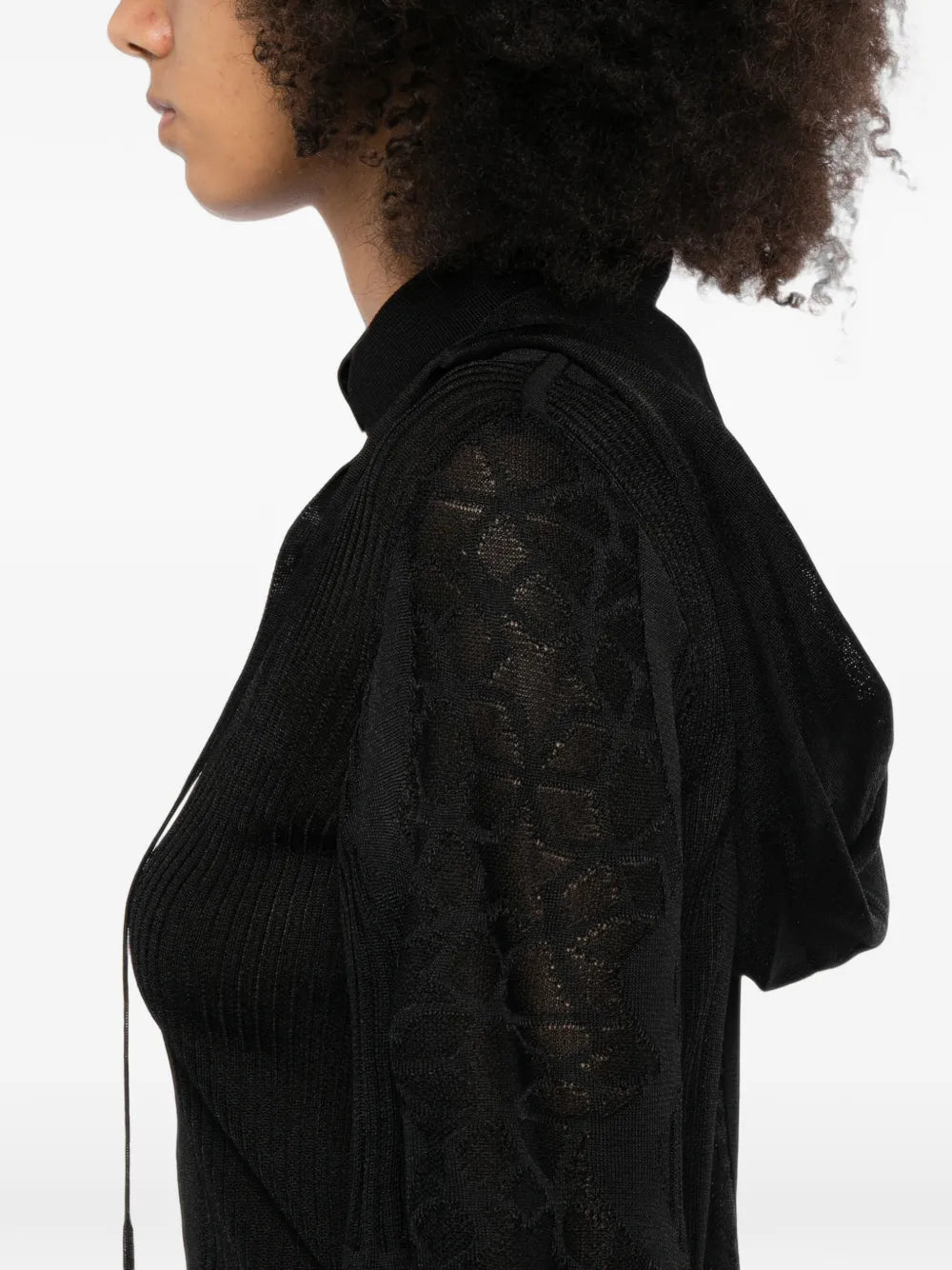 Black Chanel lace-panel polo top with a hood, stylish and comfortable women&