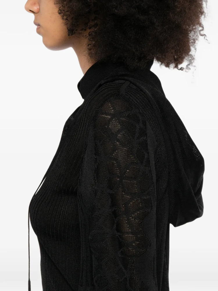 Black Chanel lace-panel polo top with a hood, stylish and comfortable women&