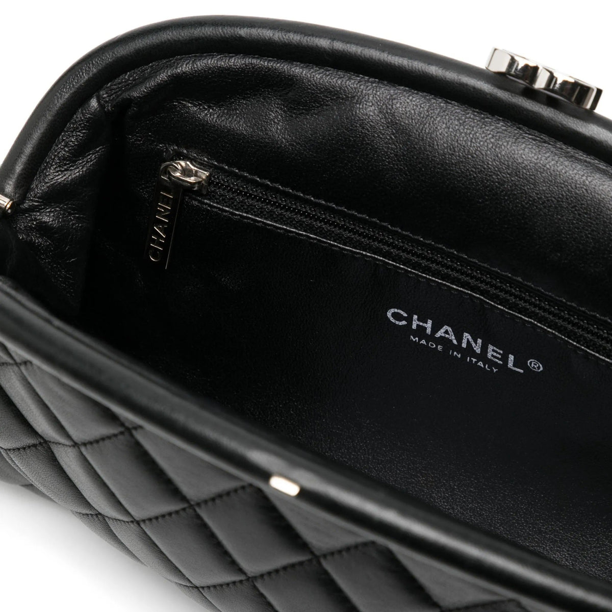Chanel black quilted clutch, interior view