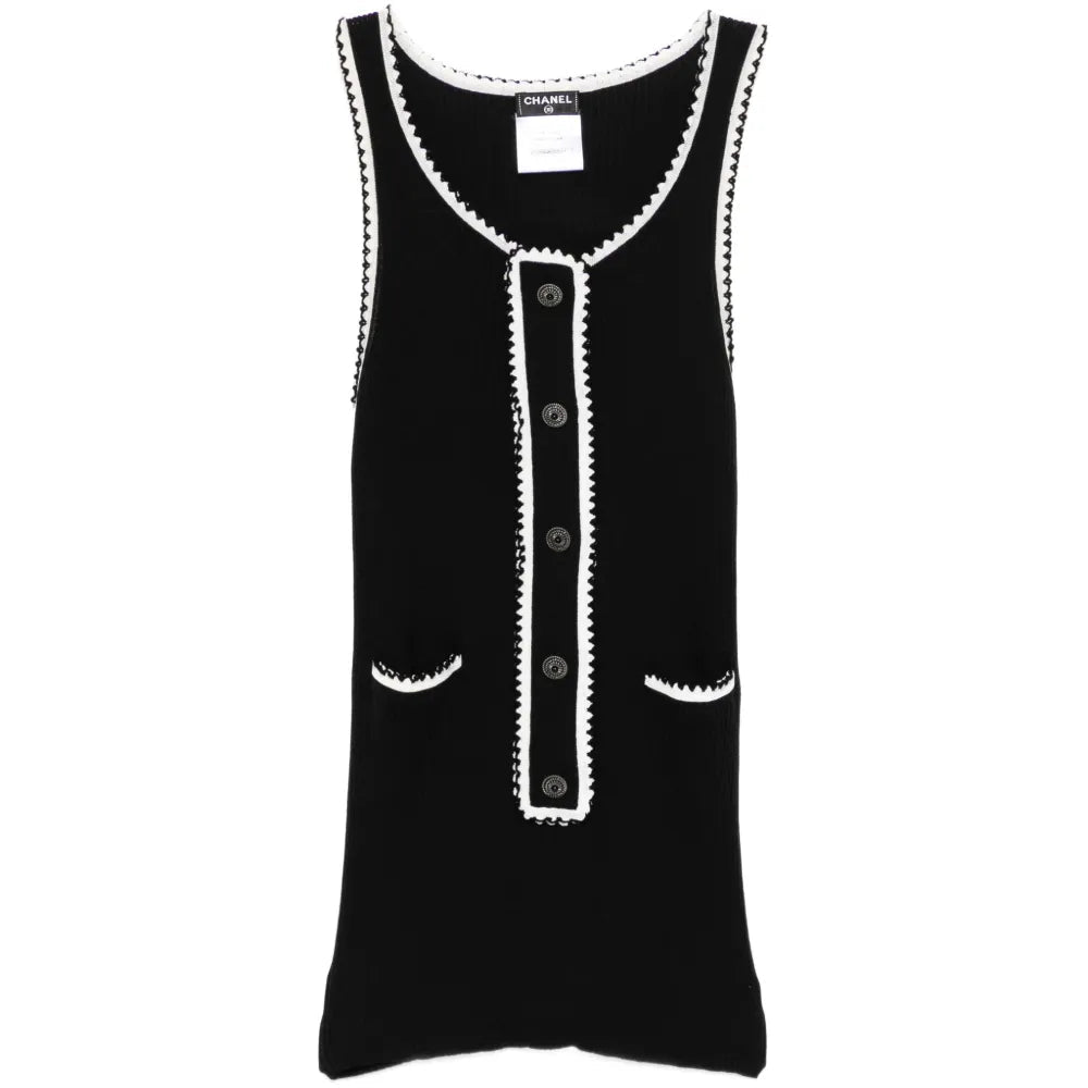Black ribbed knit contrast tank top by Chanel featuring a fitted sleeveless design and subtle textured fabric.