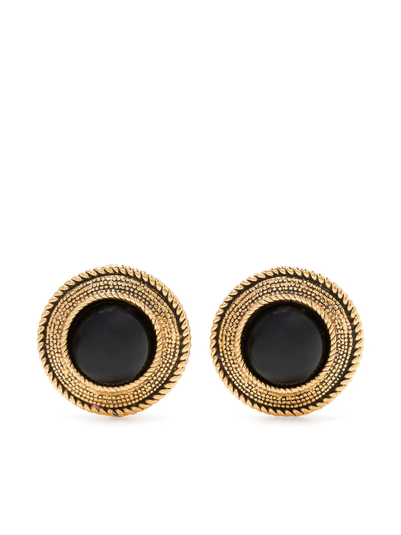 Chanel black and gold clip earrings with elegant design, featuring shiny gold accents and sleek black finish.