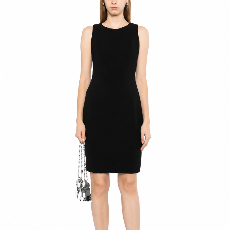 Black wool sleeveless sheath dress by Chanel, shown flat with a fitted silhouette and elegant neckline.