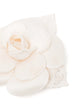 Chanel off-white fabric camellia flower brooch pin featuring layered petals and a leaf accent with a subtle cream CC logo.