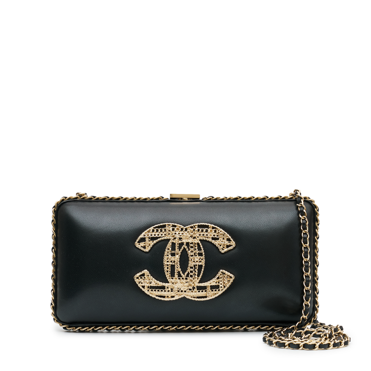 Chanel CC Chain Around Clutch in black leather with gold-tone chain trim, front CC motif, top clasp closure and chain-and-leather shoulder strap.