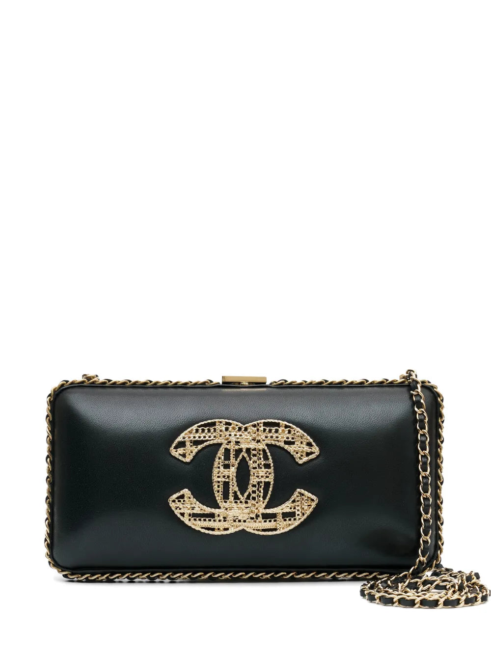 Chanel CC Chain Around Clutch in black leather with gold-tone chain trim, front CC motif, top clasp closure and chain-and-leather shoulder strap.