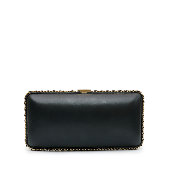 Chanel CC Chain Around Clutch in black leather with gold-tone chain trim, front CC motif, top clasp closure and chain-and-leather shoulder strap.
