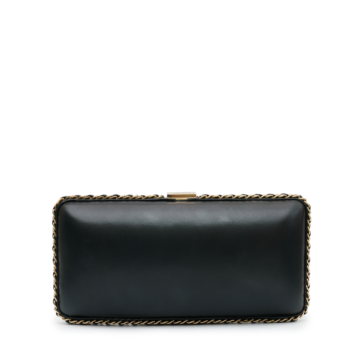 Chanel CC Chain Around Clutch in black leather with gold-tone chain trim, front CC motif, top clasp closure and chain-and-leather shoulder strap.