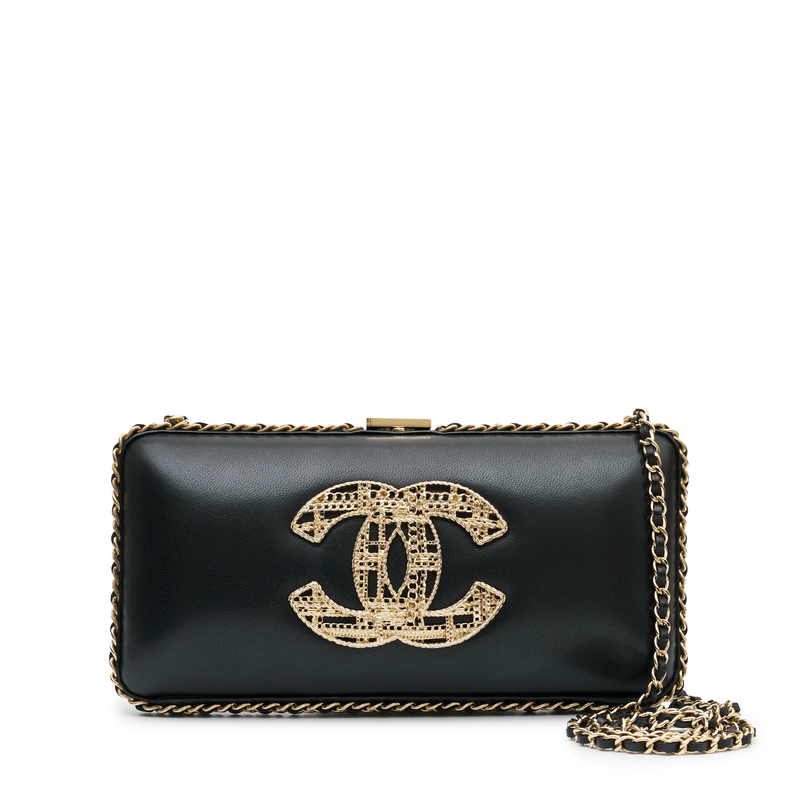 Chanel CC Chain Around Clutch in black leather with gold-tone chain trim, front CC motif, top clasp closure and chain-and-leather shoulder strap.