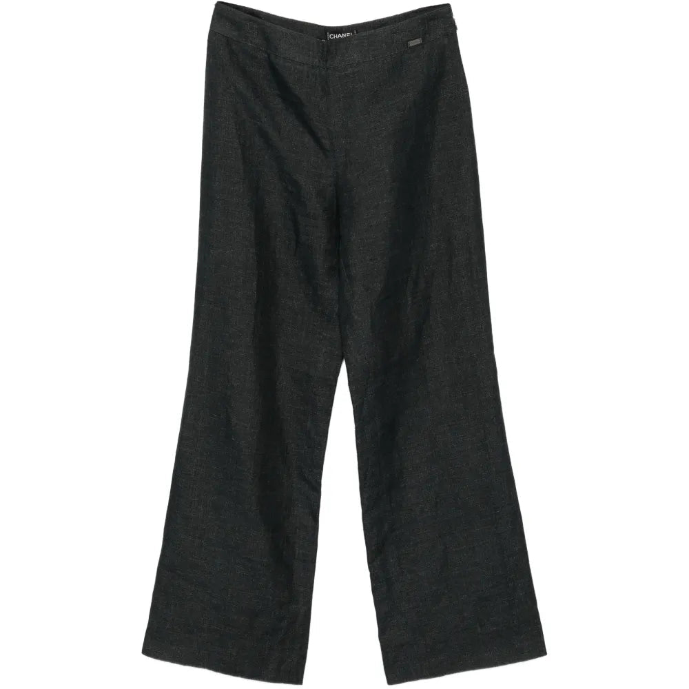 Chanel charcoal linen wide-leg trousers displayed flat, showcasing relaxed fit and tailored design with belt loops and side pockets.