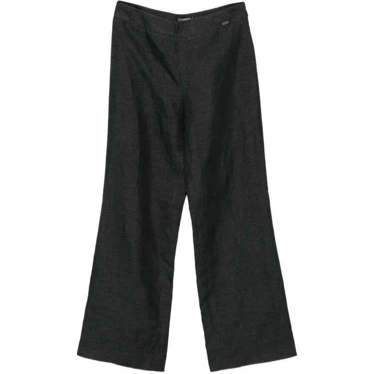 Chanel charcoal linen wide-leg trousers displayed flat, showcasing relaxed fit and tailored design with belt loops and side pockets.