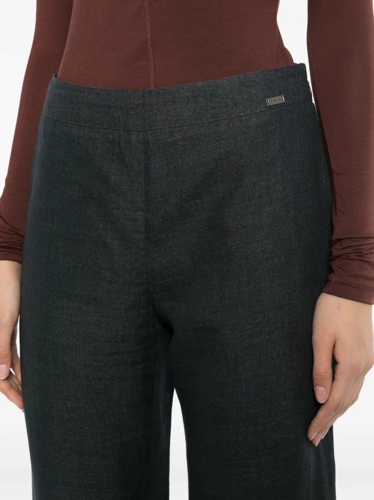 Charcoal linen wide-leg trousers by Chanel, featuring a relaxed fit and tailored waistband, displayed on a neutral background.