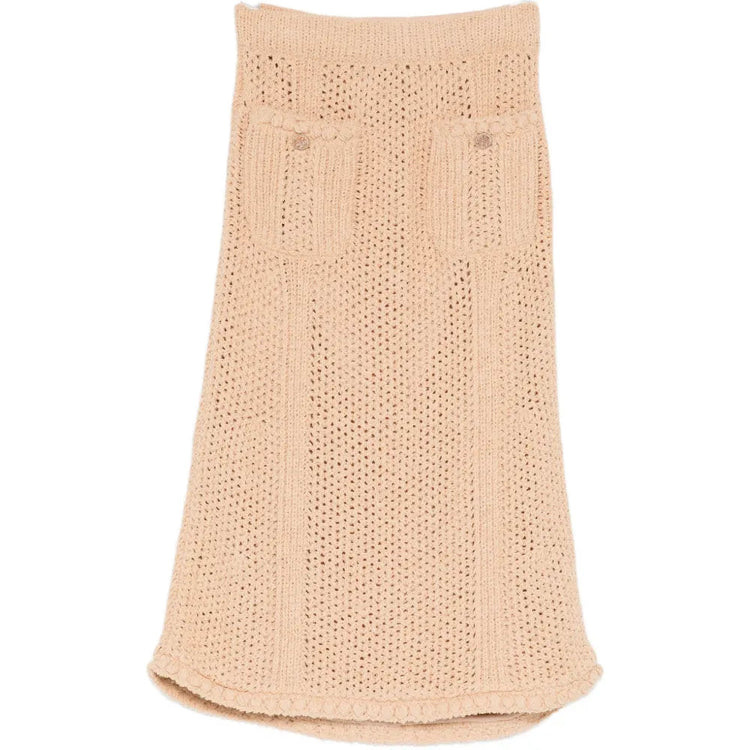 Chanel crochet knit skirt with intricate detailing, stylish and lightweight, perfect for casual or chic outfits.
