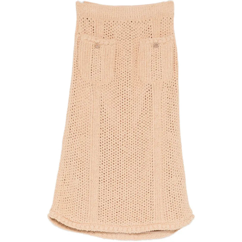 Chanel crochet knit skirt with intricate detailing, stylish and lightweight, perfect for casual or chic outfits.