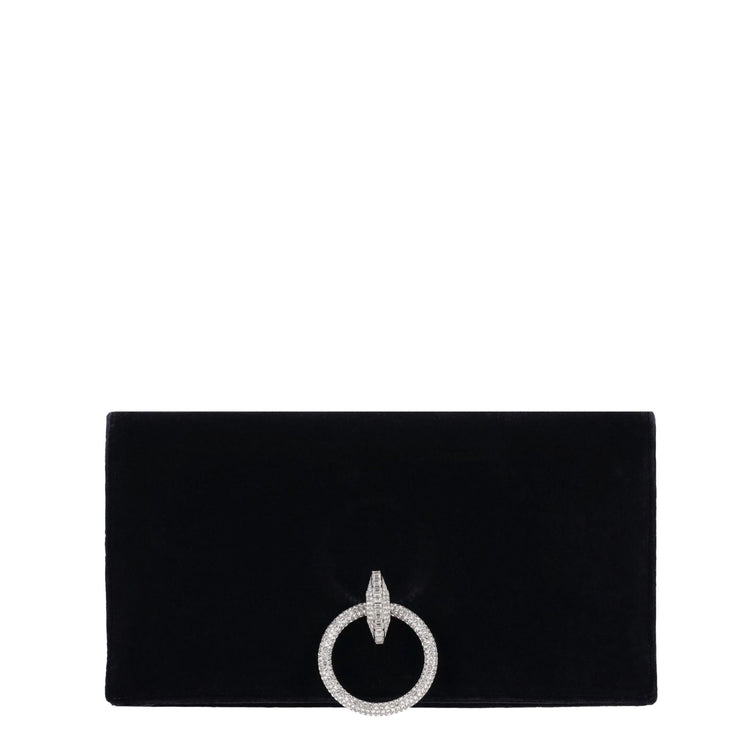 Chanel crystal embellished black velvet clutch, front view