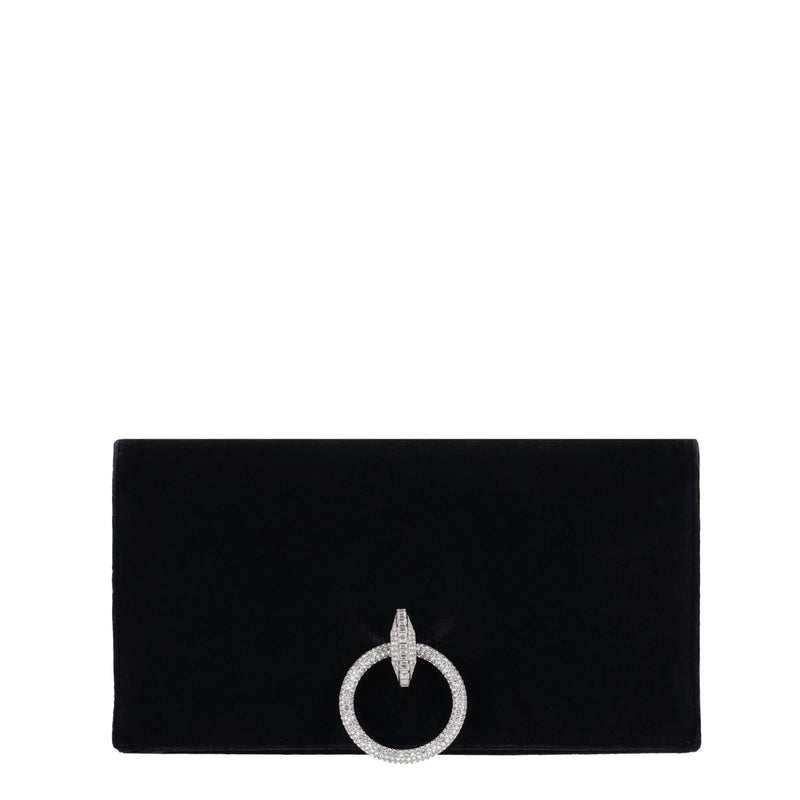 Chanel crystal embellished black velvet clutch, front view