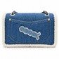 Chanel 2019 medium denim shearling flap bag with hieroglyph embroidery and shoulder strap, stylish and textured accessory.