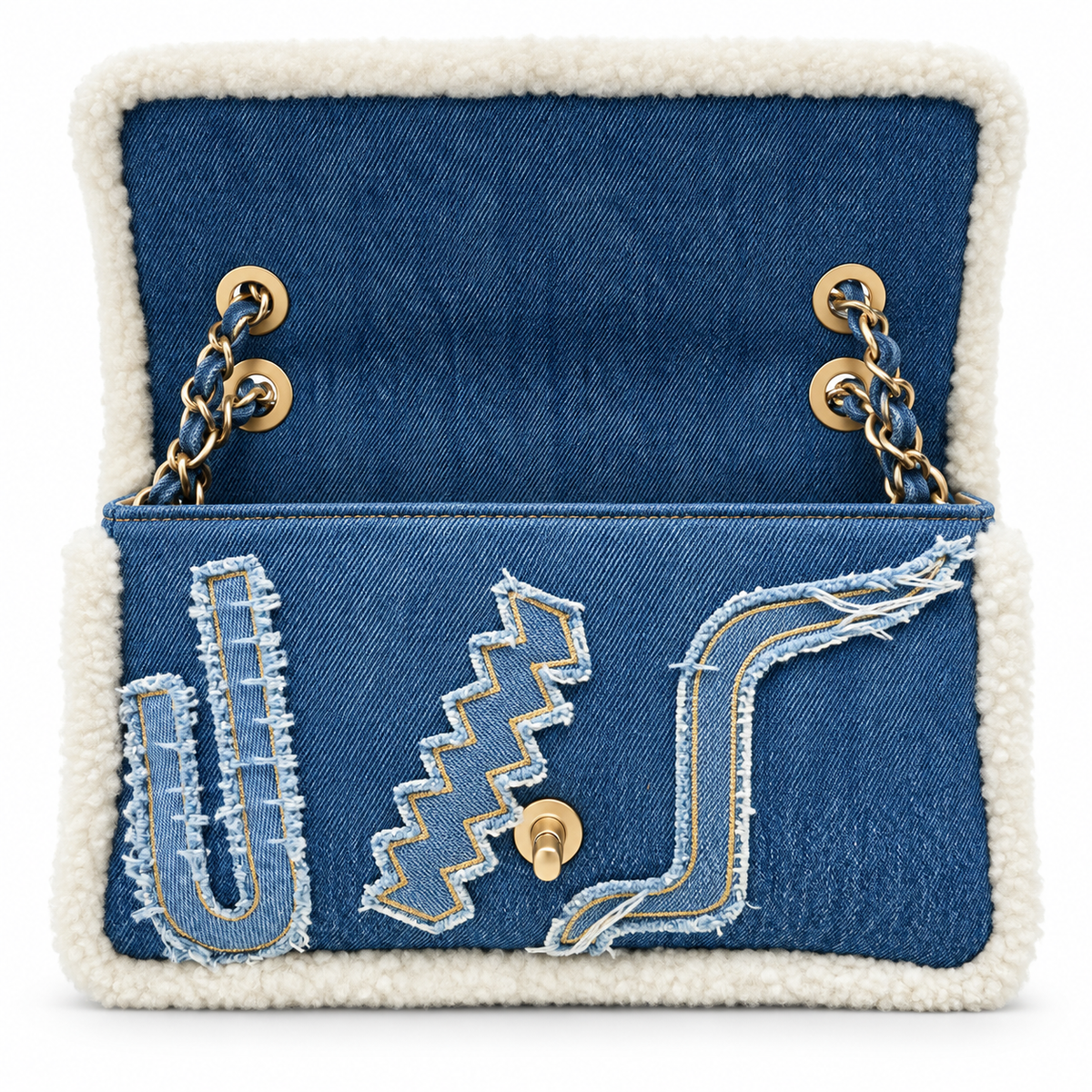 Chanel 2019 medium denim shearling flap shoulder bag with hieroglyph embroidery and flap closure, stylish and luxurious accessory.