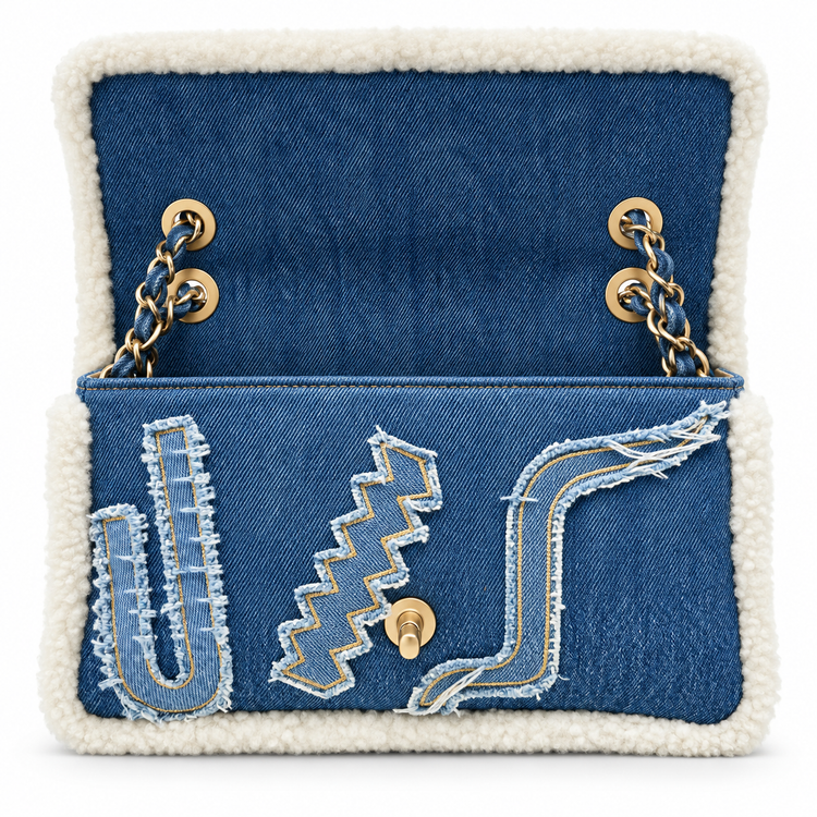 Chanel 2019 medium denim shearling flap shoulder bag with hieroglyph embroidery and flap closure, stylish and luxurious accessory.
