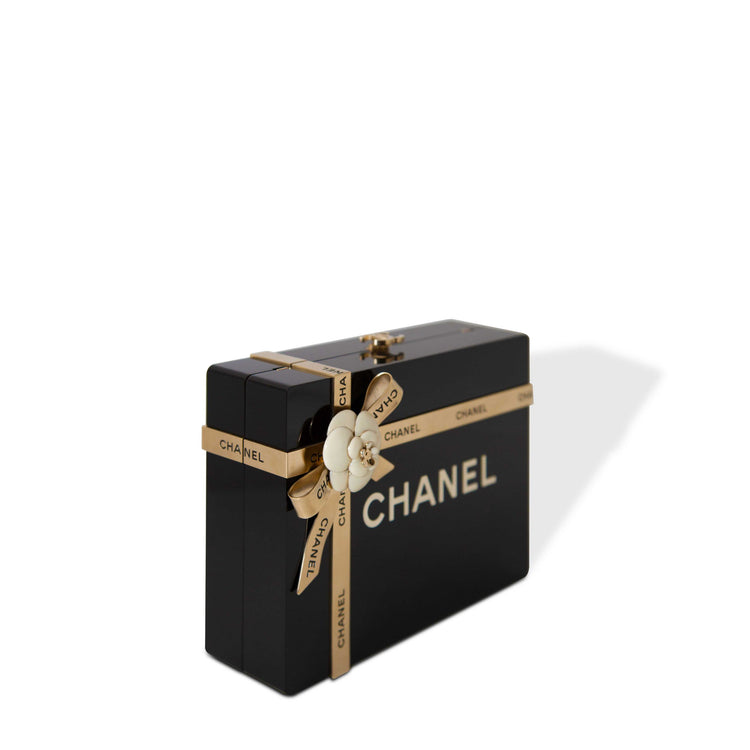 Chanel Gift Box Minaudière clutch, angled view showing chain strap