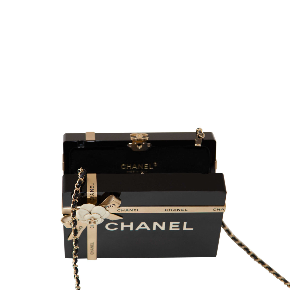 Chanel Gift Box Minaudière clutch, close-up of gold hardware detail