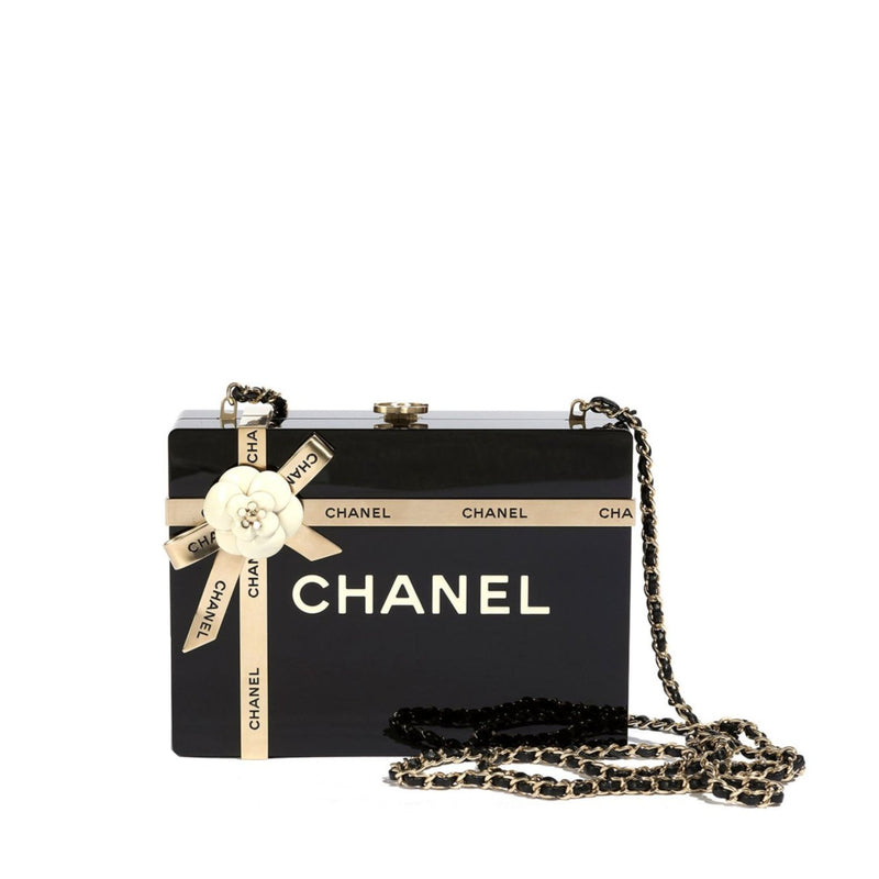 Chanel Gift Box Minaudière clutch, front view with gold hardware