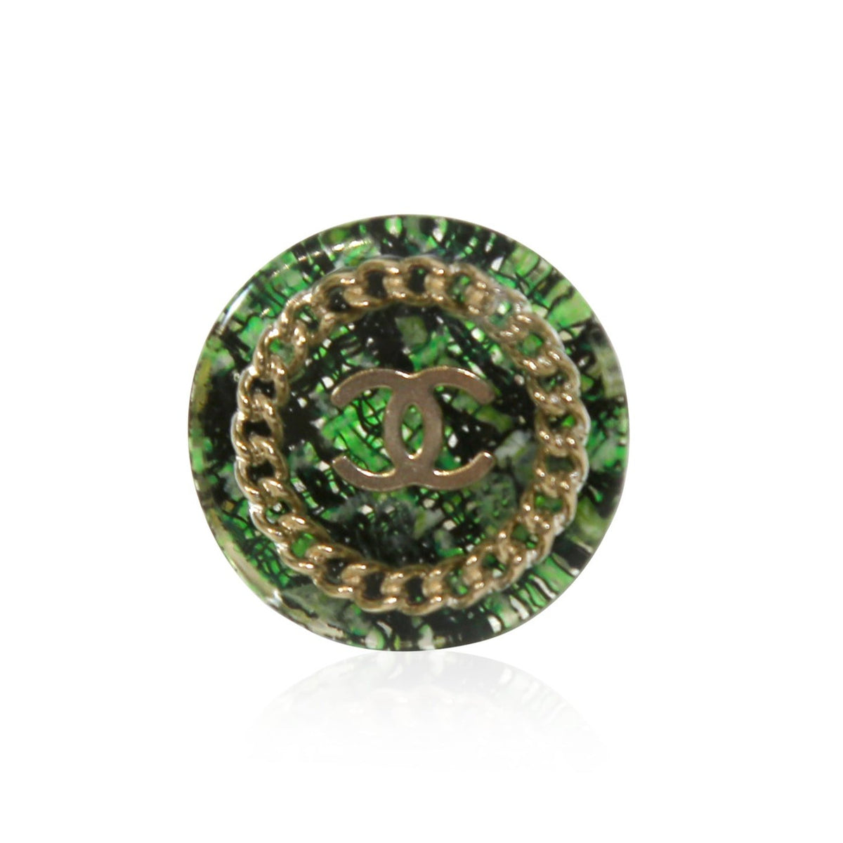 Chanel green tweed ring, front view