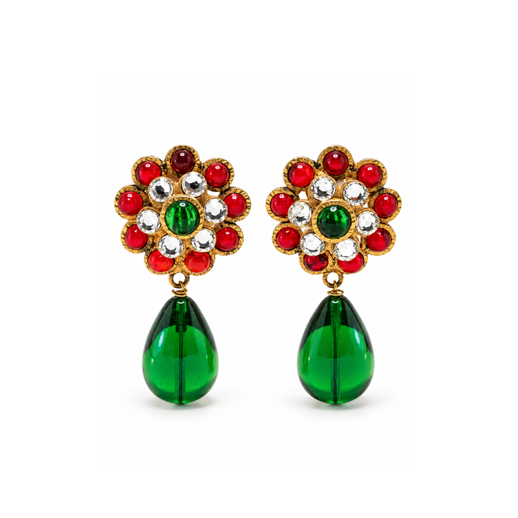 Chanel Gripoix glass-bead drop earrings with vibrant, intricate glass beads hanging from elegant gold settings.