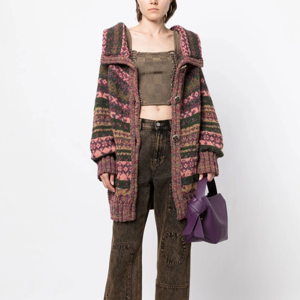 Chanel intarsia knit cardigan featuring a colorful pattern, long sleeves, and button closure, perfect for stylish layering.