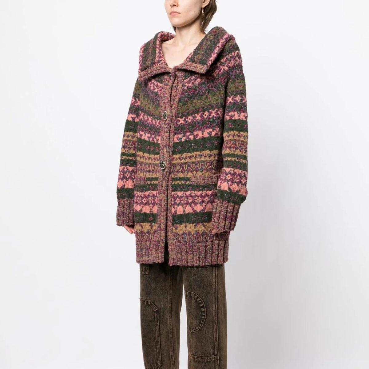 Chanel intarsia knit cardigan featuring colorful patterns, long sleeves, and a classic blazer style, perfect for layered casual wear.