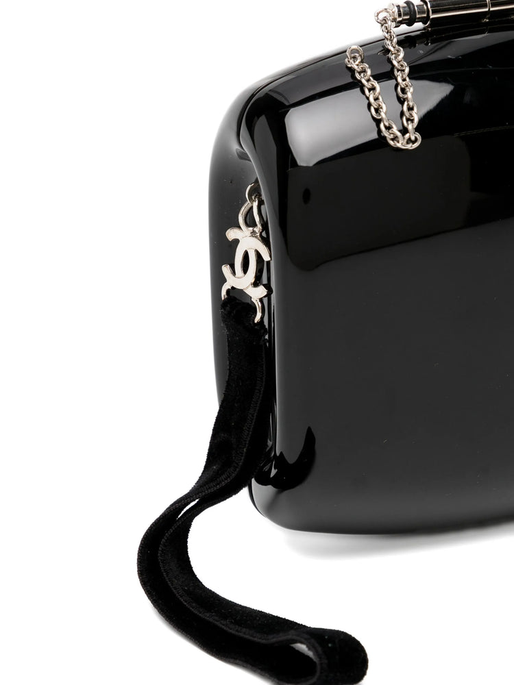 Chanel Jewel Black Resin Minaudière Clutch, interior view of the lined compartment