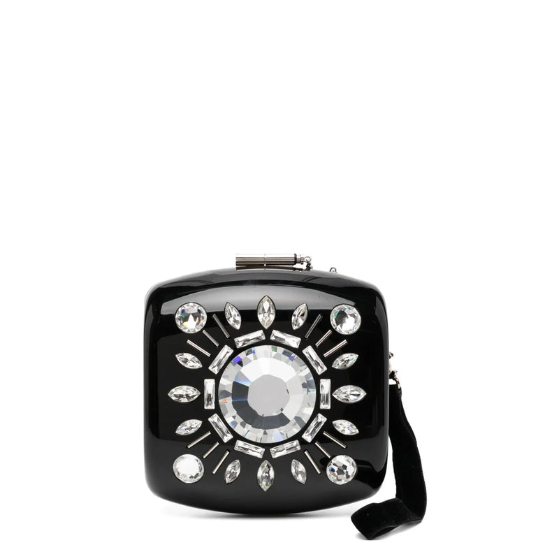 Chanel Jewel Black Resin Minaudière Clutch, front view showing crystal sunburst embellishment