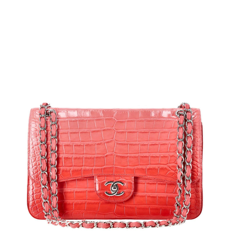 Chanel Jumbo Double Flap Bag in ombré red crocodile leather with silver-tone CC turn-lock closure, double flap silhouette, and interwoven chain-and-leather shoulder straps.