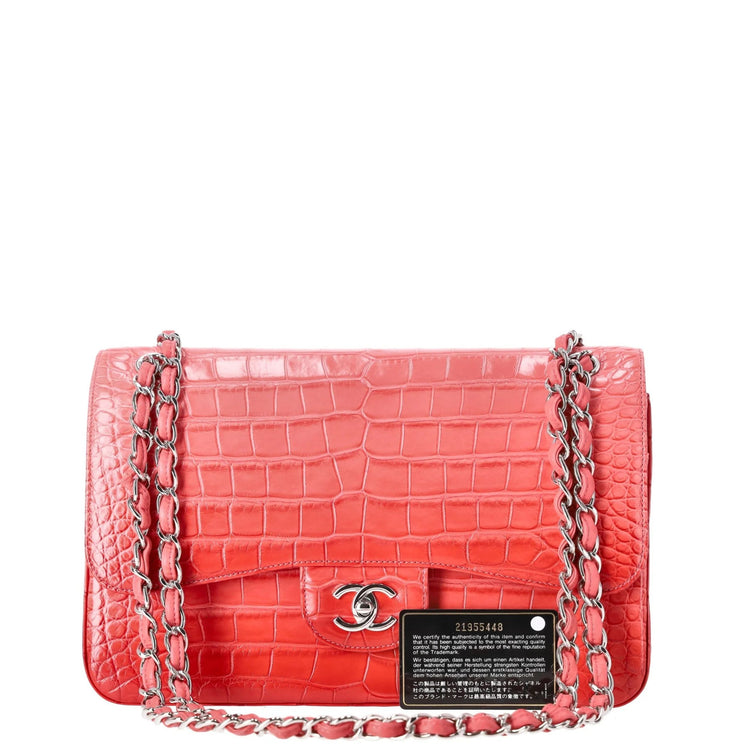 Chanel Jumbo Double Flap Bag in ombré red crocodile leather with silver-tone CC turn-lock closure, double flap silhouette, and interwoven chain-and-leather shoulder straps.