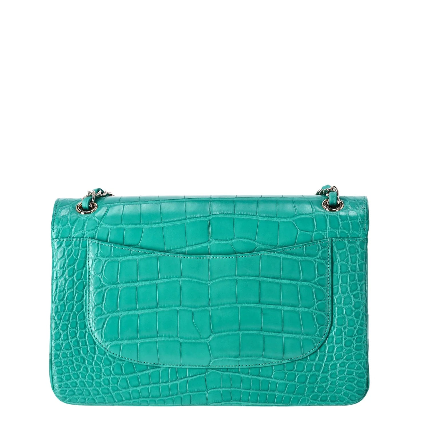 Chanel Jumbo Double Flap Bag in turquoise green exotic leather with silver-tone CC turn-lock closure, double flap silhouette, and interwoven chain-and-leather shoulder straps.