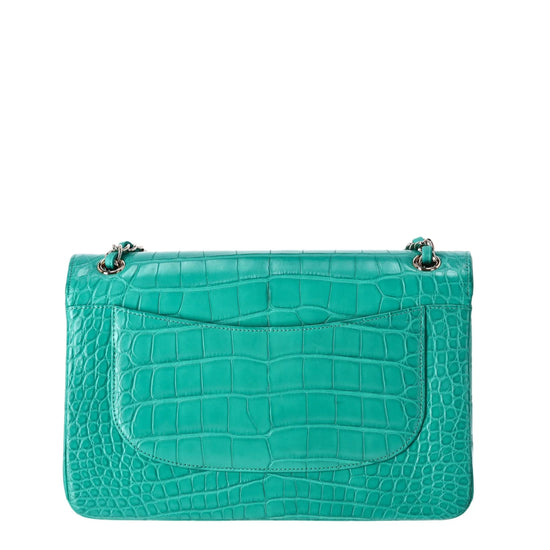Chanel Jumbo Double Flap Bag in turquoise green exotic leather with silver-tone CC turn-lock closure, double flap silhouette, and interwoven chain-and-leather shoulder straps.