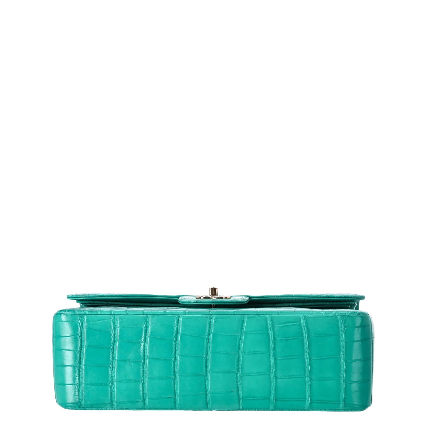 Chanel Jumbo Double Flap Bag in turquoise green exotic leather with silver-tone CC turn-lock closure, double flap silhouette, and interwoven chain-and-leather shoulder straps.