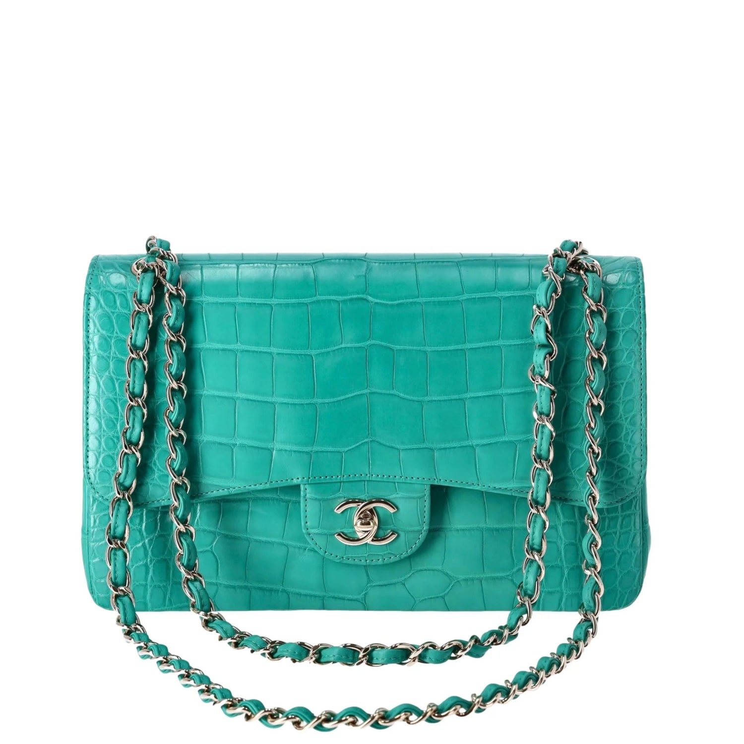 Chanel Jumbo Double Flap Bag in turquoise green exotic leather with silver-tone CC turn-lock closure, double flap silhouette, and interwoven chain-and-leather shoulder straps.