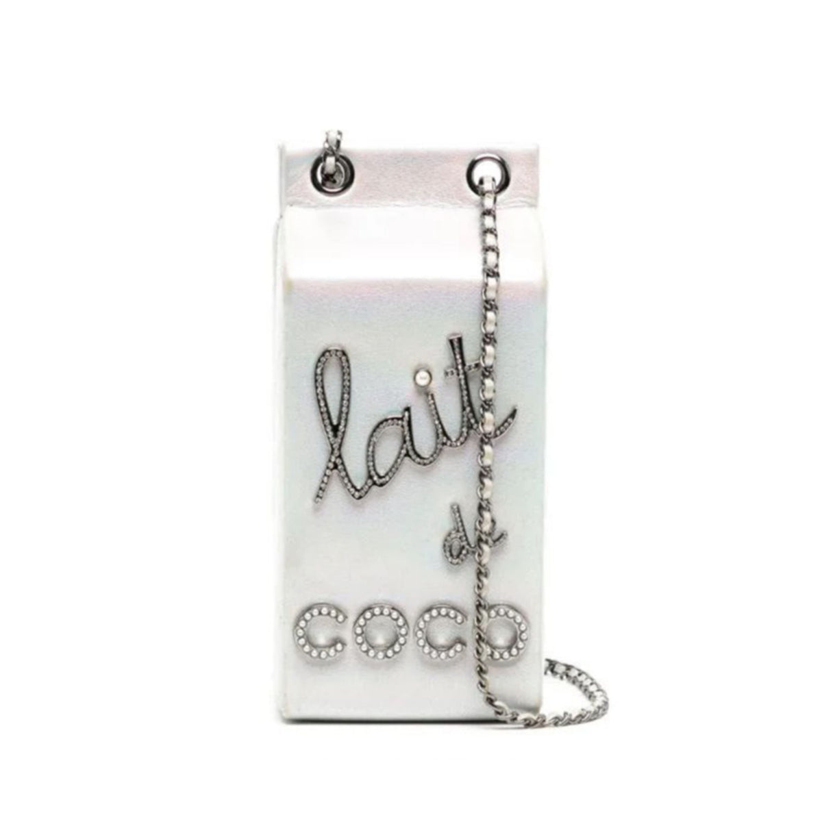 Chanel Lait de Coco Milk Carton Bag in metallic silver with structured carton shape, top handle, chain strap, pearl-style lettering and novelty runway design.