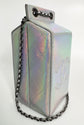 Detail of corner wear on Chanel iridescent silver bag