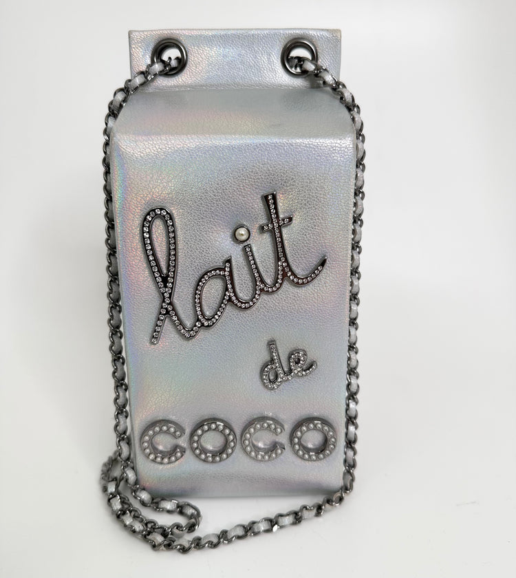 Close-up of quilted side panel on Chanel milk carton clutch