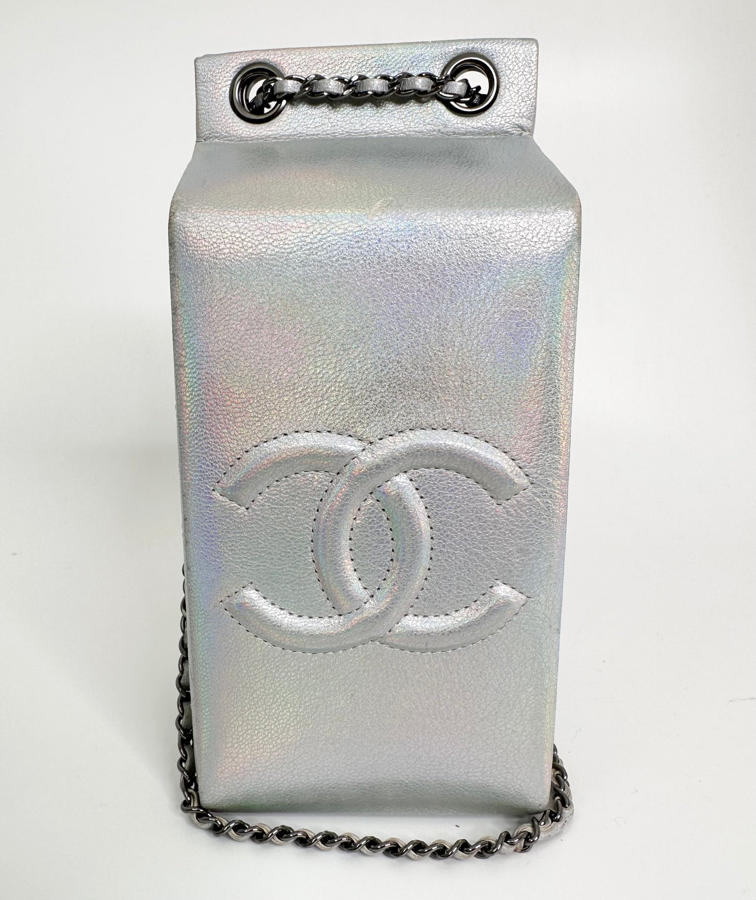 Chanel milk carton clutch, back view showing white mark