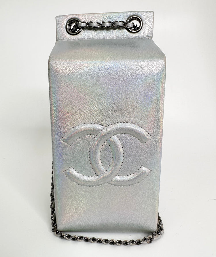 Chanel milk carton clutch, back view showing white mark