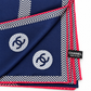 Navy Chanel silk scarf with pink trim and CC logo design, featuring elegant, smooth fabric and detailed branding.