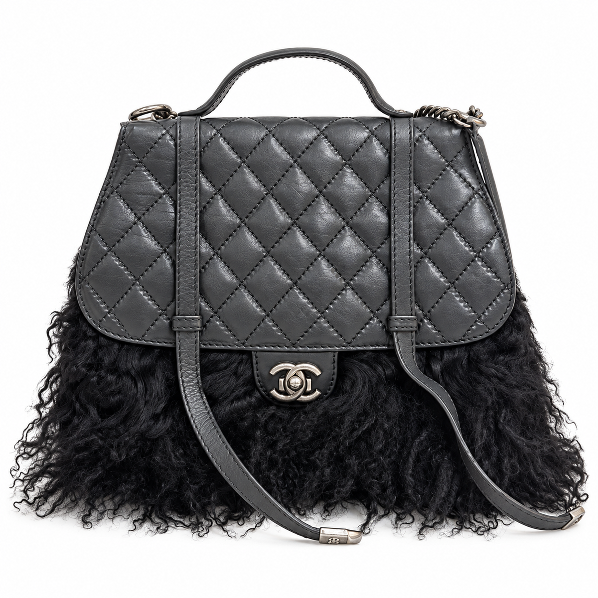 Chanel Paris-Dallas large quilted double flap handbag with fur accents, featuring signature Chanel design and elegant craftsmanship.