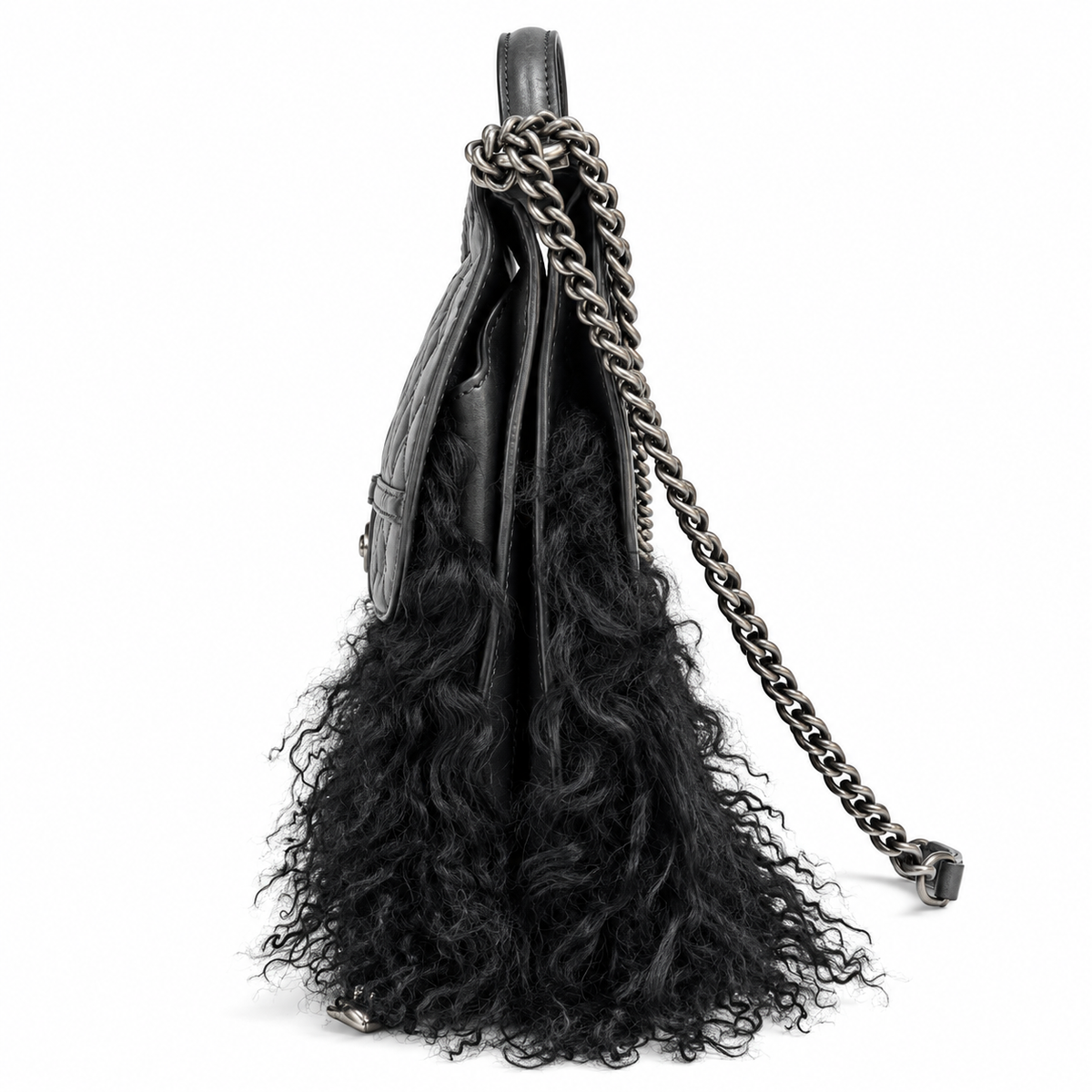 Chanel Paris-Dallas large quilted double flap handbag with plush fur accents, featuring signature quilting and chain strap detail.