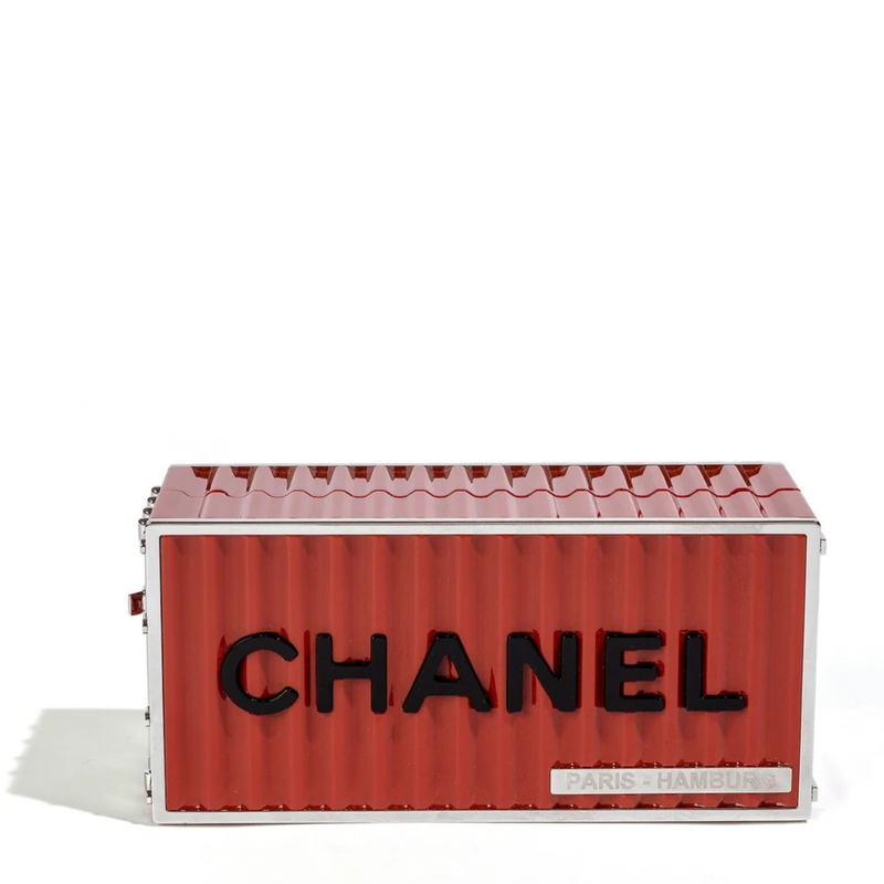 Chanel Paris Hamburg container minaudière clutch bag with sleek design and metallic finish, perfect for evening events.
