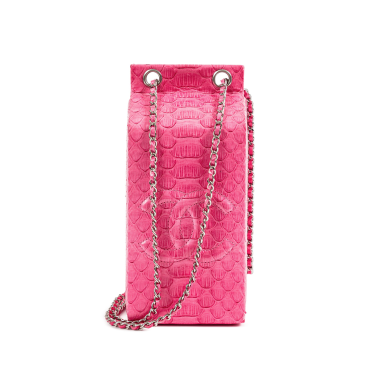 Chanel pink python leather clutch bag with milk carton design featuring Lait de Coco branding.